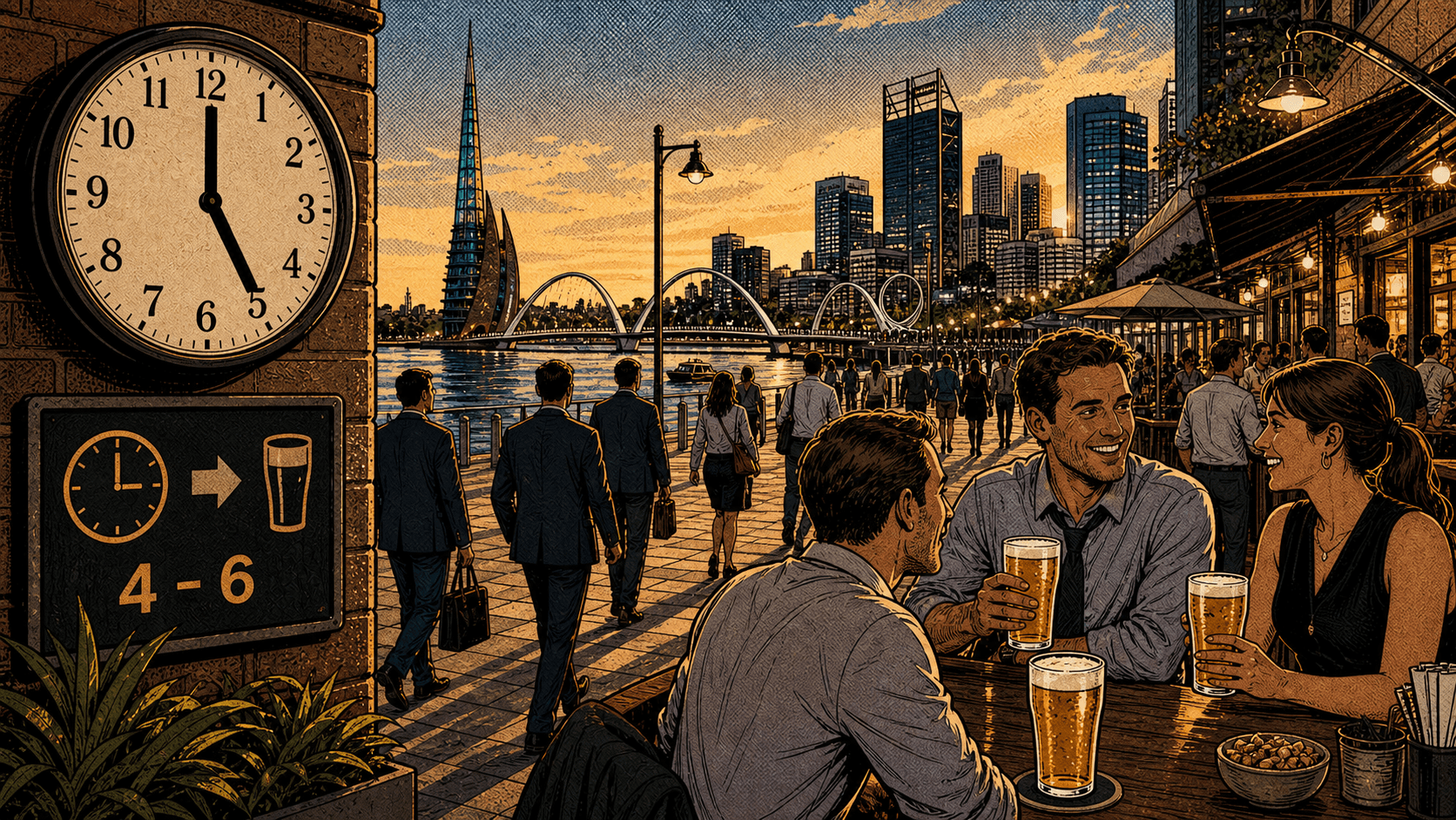 After-work drinkers around Elizabeth Quay during a weekday happy-hour window