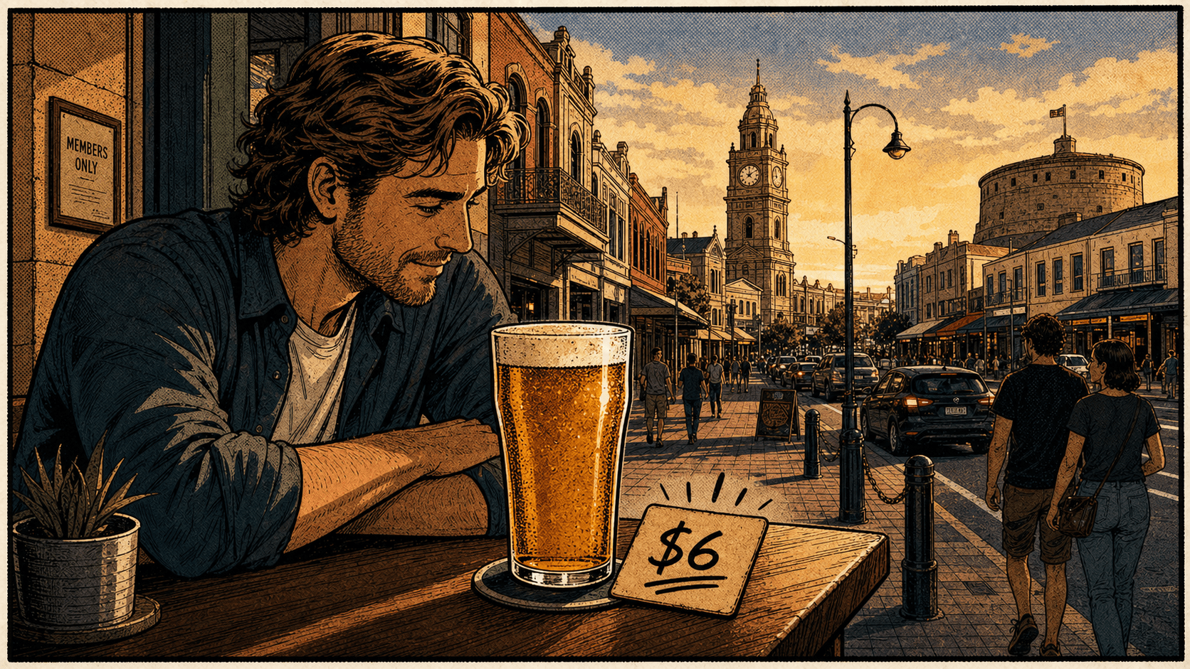 A Fremantle West End pub street with pint price markers